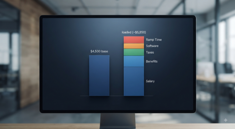 Bar chart comparing a bookkeeper's $4,500 monthly base salary with a loaded cost of about $5,850, stacked with benefits, taxes, software, and ramp time.
