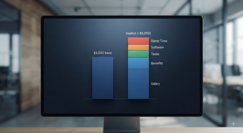 Bar chart comparing a bookkeeper's $4,500 monthly base salary with a loaded cost of about $5,850, stacked with benefits, taxes, software, and ramp time.