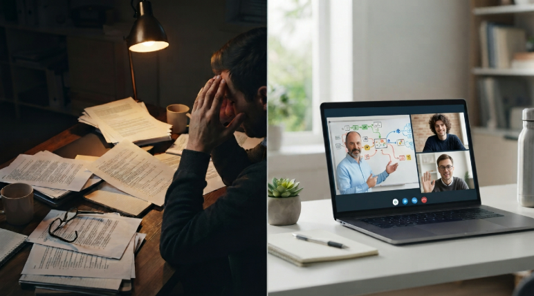 Before and after outsourcing: a founder buried in late-night paperwork, then leading a video call with an offshore team.