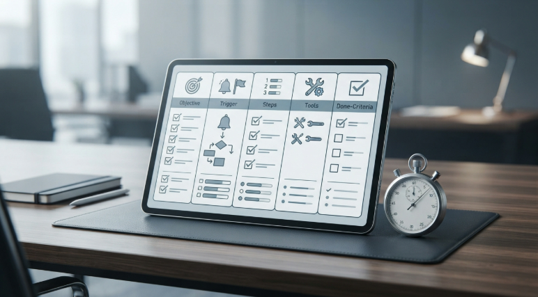 Tablet on an office desk displaying the five-part SOP template for delegation, beside a stopwatch.