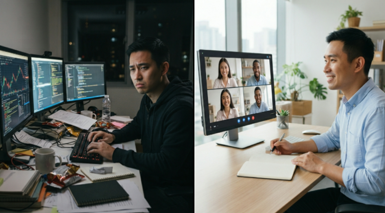 Split-screen comparison of a stressed founder working late at night versus a relaxed founder leading a remote team video call during the day.