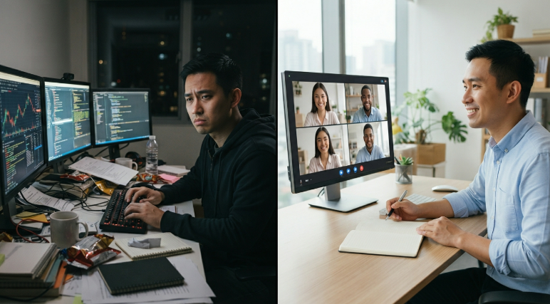 Split-screen comparison of a stressed founder working late at night versus a relaxed founder leading a remote team video call during the day.