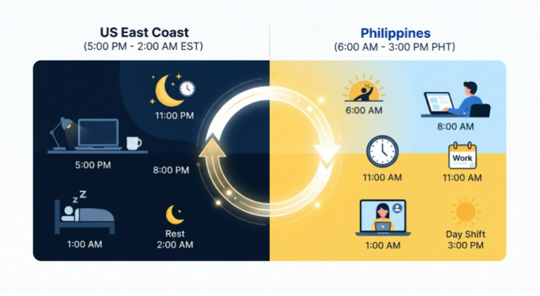 Split-screen infographic of timezone difference outsourcing showing the US East Coast resting at night while the Philippines works during the day in a continuous follow-the-sun workflow.