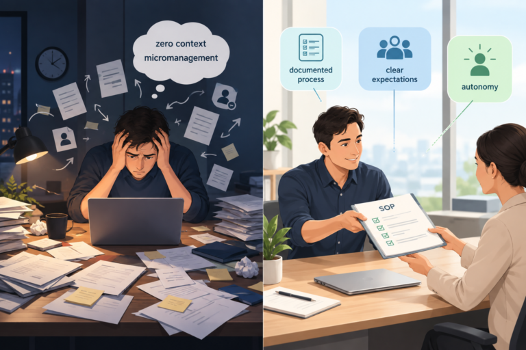 Split-screen illustration comparing a stressed founder overwhelmed by micromanagement on the left, and a calm founder handing an SOP document to a professional on the right.