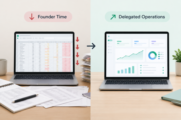 Split-screen comparison showing a cluttered desk with messy marketing spreadsheets on the left, and a clean, organized performance dashboard on the right, representing delegated DTC marketing operations.