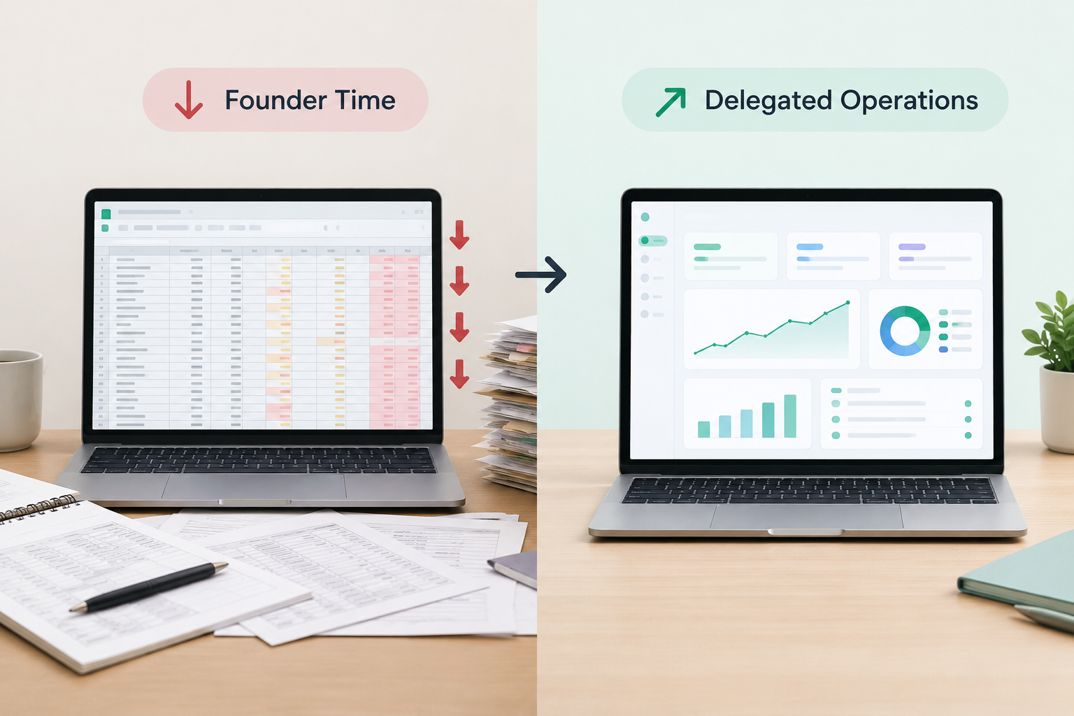Split-screen comparison showing a cluttered desk with messy marketing spreadsheets on the left, and a clean, organized performance dashboard on the right, representing delegated DTC marketing operations.