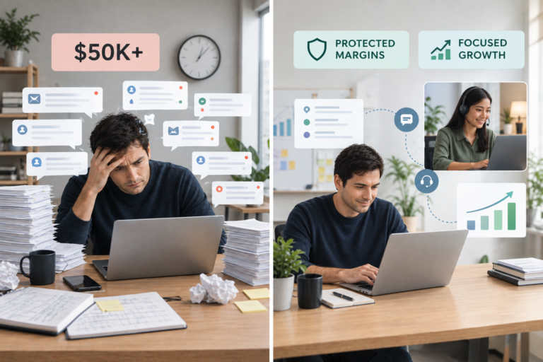 Split-screen comparison showing a stressed founder overwhelmed by support tickets versus a calm founder with a remote support team protecting margins.