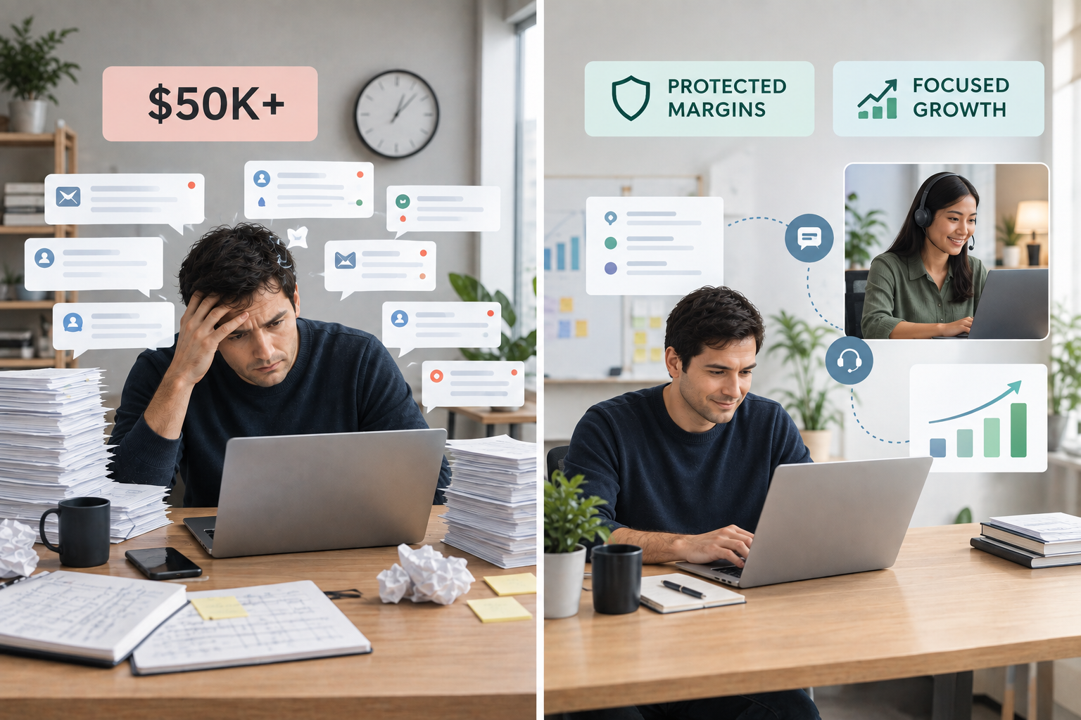 Split-screen comparison showing a stressed founder overwhelmed by support tickets versus a calm founder with a remote support team protecting margins.