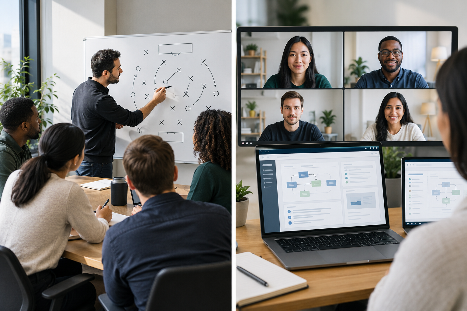 Split-screen image showing an in-person team reviewing a strategy playbook on a whiteboard alongside a remote team collaborating via video call and digital workflow diagrams.