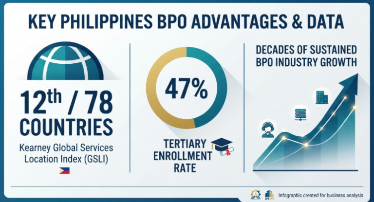 Infographic showing key Philippines BPO data: ranked 12th out of 78 countries in the Kearney GSLI, a 47% tertiary enrollment rate, and decades of sustained industry growth.