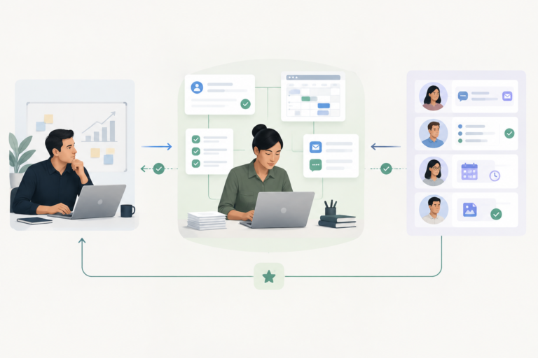 Workflow illustration of the Shadow Founder model: an agency founder focuses on growth strategy while a central operations manager handles team tasks, quality control, and client communications.
