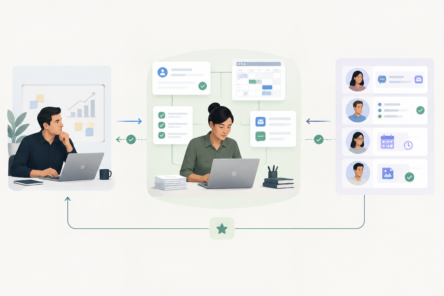 Workflow illustration of the Shadow Founder model: an agency founder focuses on growth strategy while a central operations manager handles team tasks, quality control, and client communications.